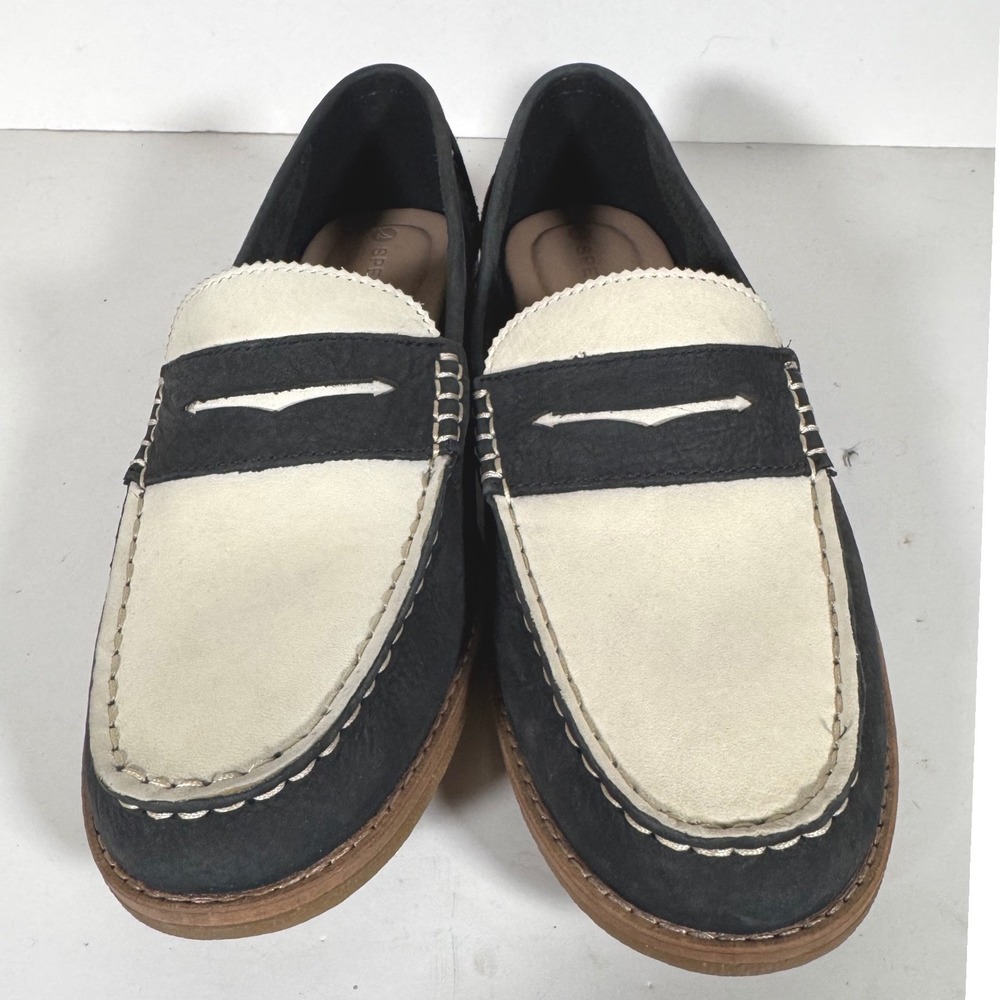 Sperry Seaport Penny Loafer Black Cream Leather Shoes Womens 8.5 Preppy Nautical - Picture 3 of 9